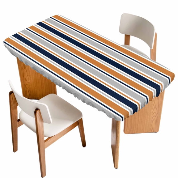 Orange Grey Striped Table Cloths for 6 Foot Rectangle Tables, Farmhouse Stripes Modern Abstract Art Patio Waterproof Elastic Fitted Tablecloths, Washable Rectangular Table Cover for Camping
