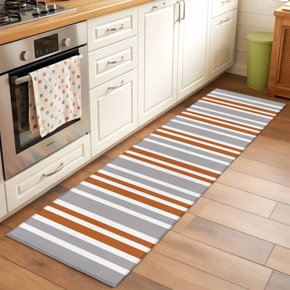 Orange Grey Stripes Runner Rug 2x6 FT, Non Slip Hallway Carpet, Simple Striped Lines Minimalist Modern Washable Floor Carpet Throw Runner Carpet Long Rug for Entryway Kitchen Bedside Sliding Door