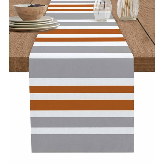 Orange Grey Stripes Table Runners 60 Inches Long, Cotton Linen Fabric Table Runner Dresser Scarf, Simple Striped Lines Minimalist Modern Tablerunner for Party/Kitchen/Dinner/Wedding Decor 13''x60''