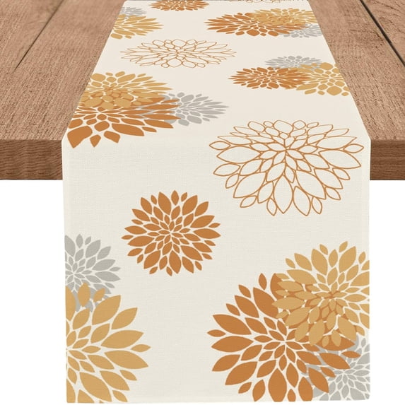 Orange Grey Table Runner Wild Dahlia Pinnata Flower Table Runners Modern Elegant Pompon Farmhouse Geometric Table Center Decor for Home Dining Party Entrance Patio (13x90 Inch)