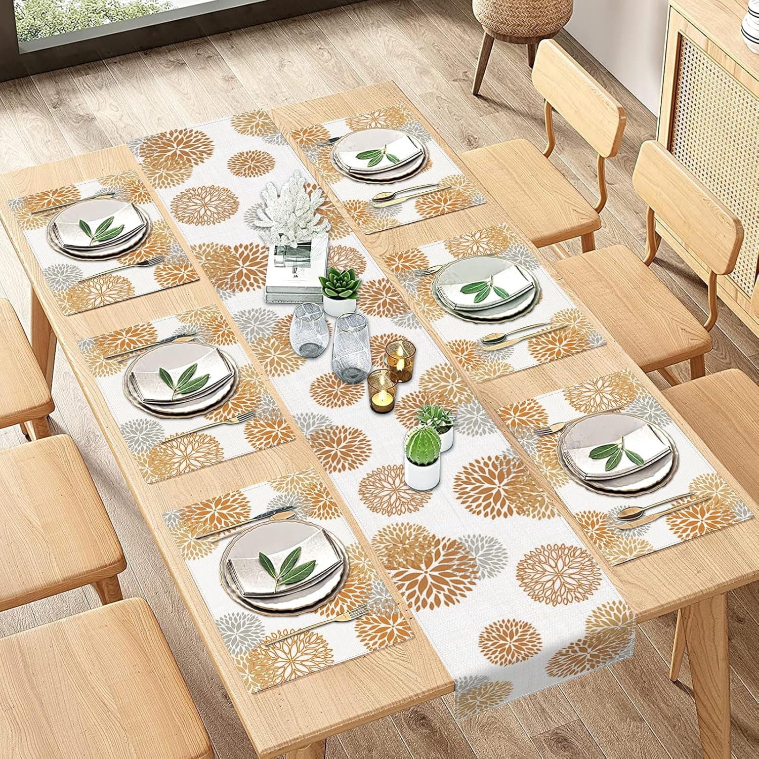 Table Runners And Placemats Sets Orange Grey Vintage Leaf Table Runner and Placemats Set of 6, Dahlia