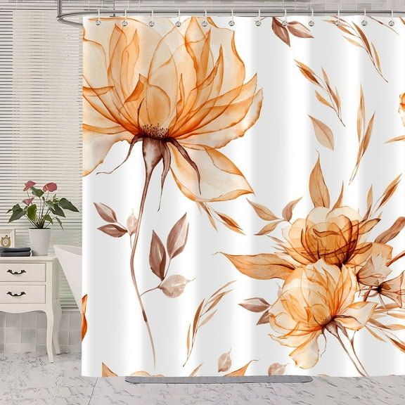 Orange Grey Watercolor Floral Shower Curtain, Flower Leaves  Aesthetic Art Bathroom Decor, Waterproof Fabric with 12 Hooks,72x72 in