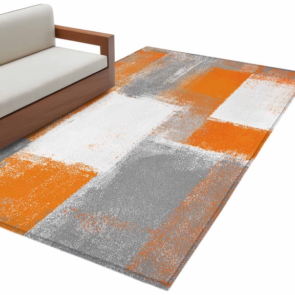 Orange Grey White Modern 3'x5' Washable Rug, Abstract Art Oil Painting Non-Slip Area Rugs for Entryway Kitchen Classroom, Dorm Throw Carpet, Low Pile Soft Indoor Floor Mat