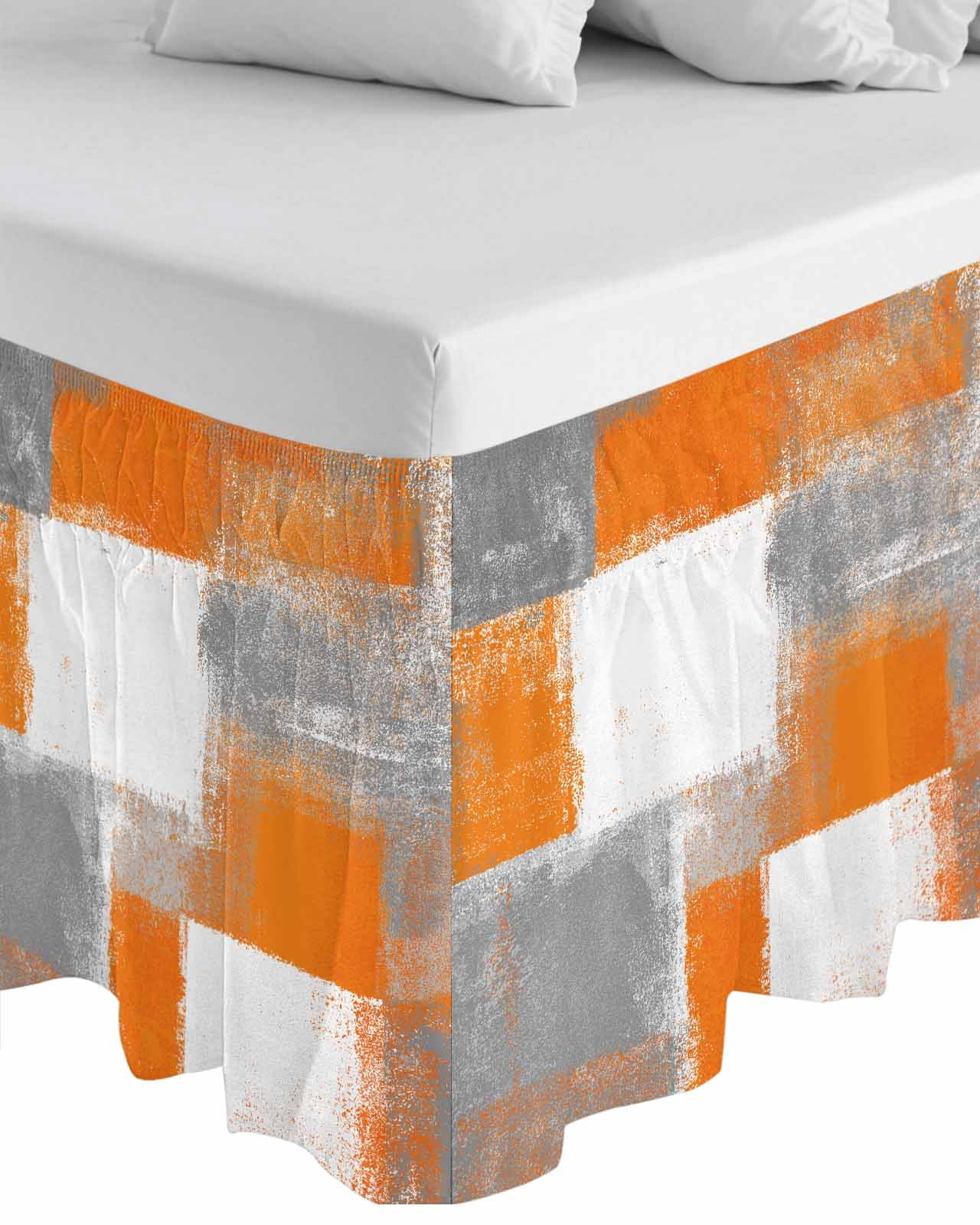 Orange Grey White Modern Wrap Around Bed Skirts for King Bed 16" Drop,Bed Skirt with Adjustable Elastic Belt Dust Ruffle Bed Valance for Bedroom Hotel Luxury Abstract Art Oil Painting Bed Frame Cover