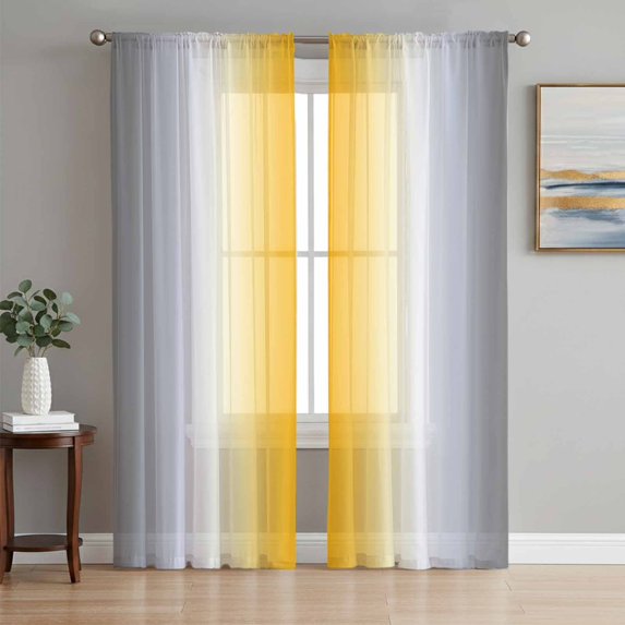 Orange Grey White Semi Sheer Curtains 84 Inch Length 2 Panels Set, Farmhouse Ombre Color Modern Simple Sheer Kitchen Curtain Privacy Voile Window Curtain for Living Room Bedroom Rod Pocket Drapes