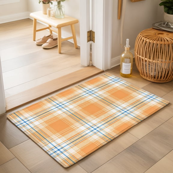 Orange Grid 2'x3' Small Rugs for Entryway Front Door Kitchen Sink Area, Minimalist Fall Orange Blue Lines Plaid Modern Country Soft Sturdy Mats Washable Non Slip Rectangle Area Rug