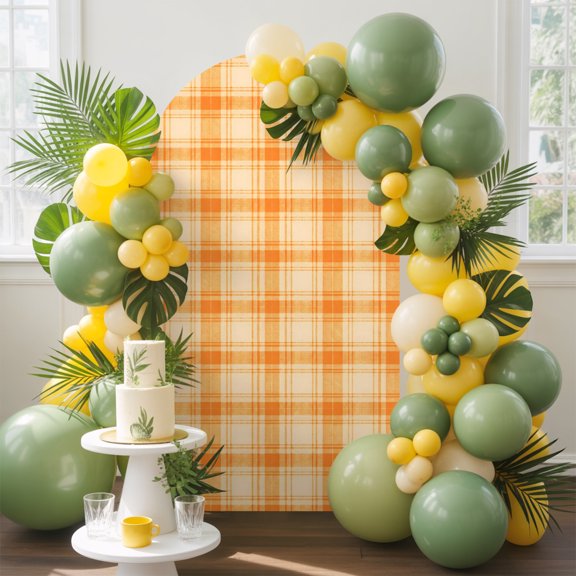 Orange Grid Arch Backdrop Cover, 4FT, Fall Minimalist Orange Lines Plaid Modern Countryside Spandex Arch Covers Double-Sided Backdrop for Wedding Birthday Party Photo Background Decoration