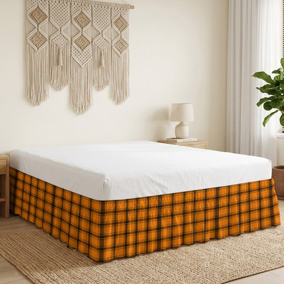Orange Grid Bed Skirt Bed Skirts Queen Size 16 Inch Drop, Fall Minimalist Orange Black Plaid Stripes Modern Country Wrap Around Dust Ruffle Bedskirt with Adjustable Elastic Belt for Queen Size Beds