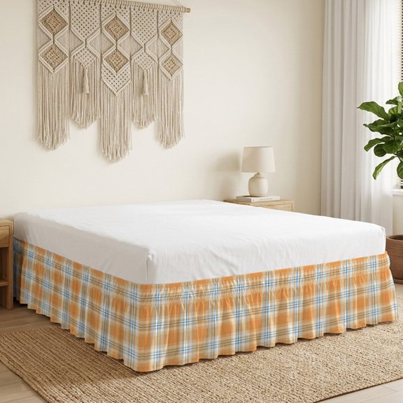 Orange Grid Bed Skirt Bed Skirts Queen Size 16 Inch Drop, Minimalist Fall Orange Blue Lines Plaid Modern Country Wrap Around Dust Ruffle Bedskirt with Adjustable Elastic Belt for Queen Size Beds