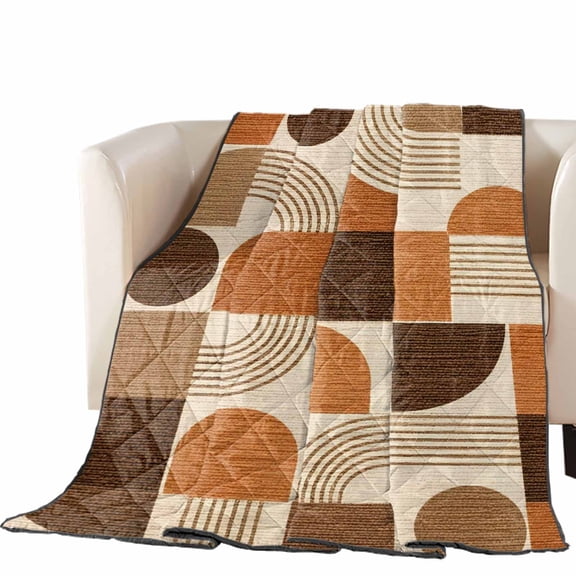 Orange Grid Blocks Quilted Comforters Cooling Blanket Queen Size, Boho Modern Abstract Art Geometric Arch Lines Cold Comfort for Hot Sleepers Lightweight Air Conditioning Quilt Blanket for Bed