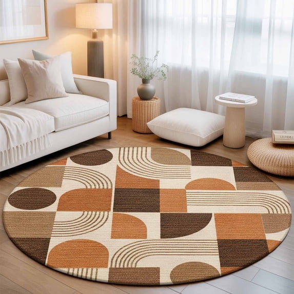 Orange Grid Blocks Round Area Rugs 3 ft, Boho Modern Abstract Art Geometric Arch Lines Washable Small Area Rug with Non-Slip Sturdy Edge Binding Round Front Door Mat Floor Carpet for Entryway