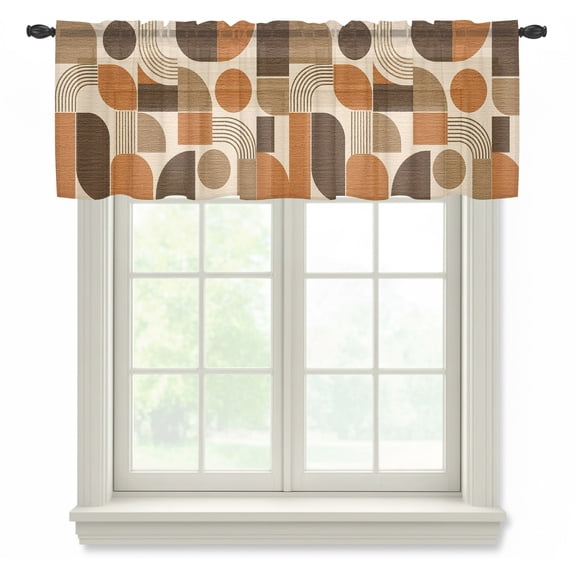 Orange Grid Blocks Sheer Valances for Windows, Boho Modern Abstract Art Geometric Arch Lines Semi Sheer Kitchen Valance Rod Pocket Small Voile Window Curtains for Living Room Bedroom 42 x 12 Inch