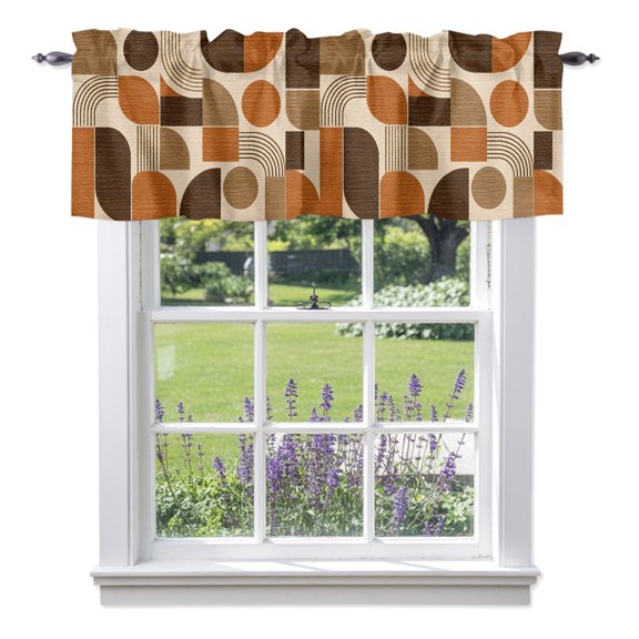 Orange Grid Blocks Valances for Windows, Boho Modern Abstract Art Geometric Arch Lines Rod Pocket Valance Short Window Treatments Curtains for Kitchen Bathroom Bedroom Decor, 42 x 12 Inches
