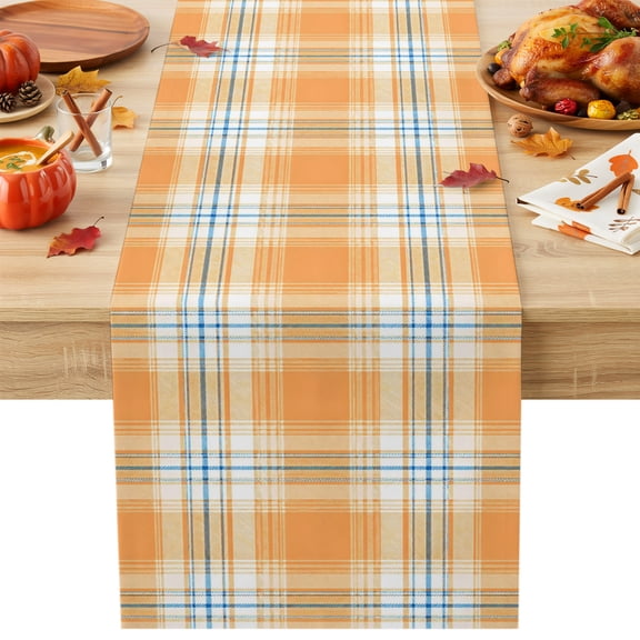 Orange Grid Cotton Linen Table Runner Minimalist Fall Orange Blue Lines Plaid Modern Country Dining Table Runners for Home Decor Party Dining Room Restaurant Kitchen Party 13" x 36"