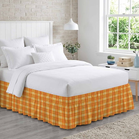 Orange Grid Fall Bed Skirt Queen Size 18 Inch Drop, Minimalist Orange Yellow Plaid Stripes Modern Country Adjustable Elastic Dust Ruffles Bedskirt for Queen Bed Wrap Around Pleated Mattress Cover