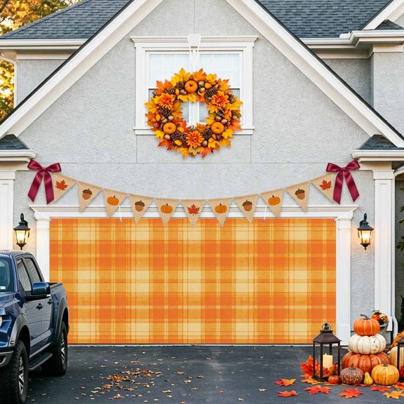 Orange Grid Fall Garage Door Banner Covers, Minimalist Orange Yellow Plaid Stripes Modern Country Large Hanging Indoor/Outdoor Backdrop Background for Christmas Winter Party Decor, 6.9x16ft