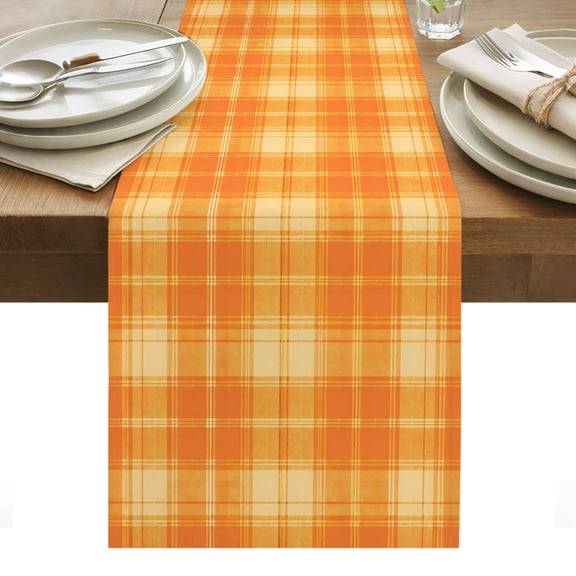 Orange Grid Fall Table Runner, Minimalist Orange Yellow Plaid Stripes Modern Country Washable Kitchen Table Runners for Dining Table Decorations Party/Restaurant/Indoor Outdoor Use, 13x36in