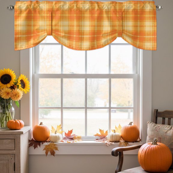 Orange Grid Fall Tie Up Valance for Windows, Minimalist Orange Yellow Plaid Stripes Modern Country Adjustable Rod Pocket Tie Up Valance Curtains for Kitchen Bathroom Bedroom 42 X 12 Inch