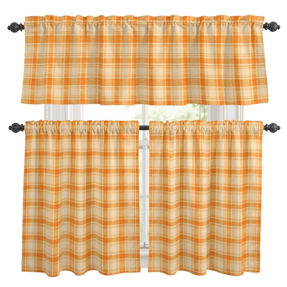 Orange Grid Kitchen Curtains Valances 3 Piece Set, Fall Minimalist Orange Lines Plaid Modern Countryside Rod Pocket Tier Curtain and Valance Drapes for Small Window 36 Inch Length for Bedroom Cafe