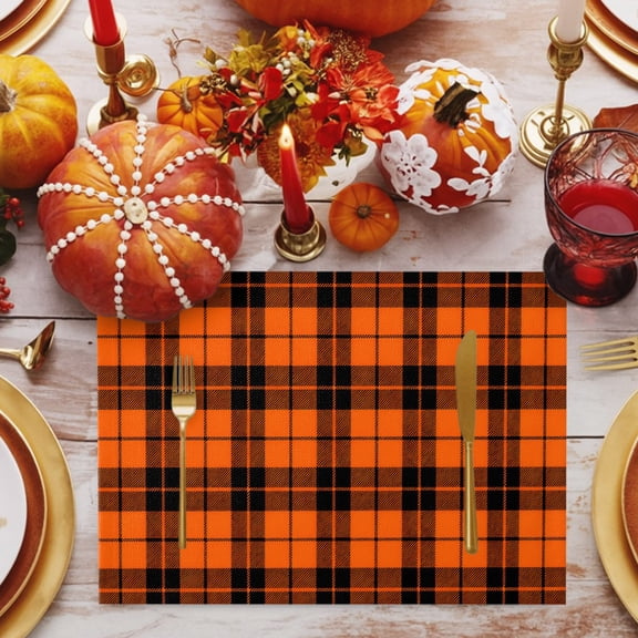 Orange Grid Placemats Set of 12, Fall Minimalist Black Orange Plaid Stripes Country Non-Slip Place Mats Washable Table Mats for Kitchen Dining Table Decorations Indoor/Outdoor