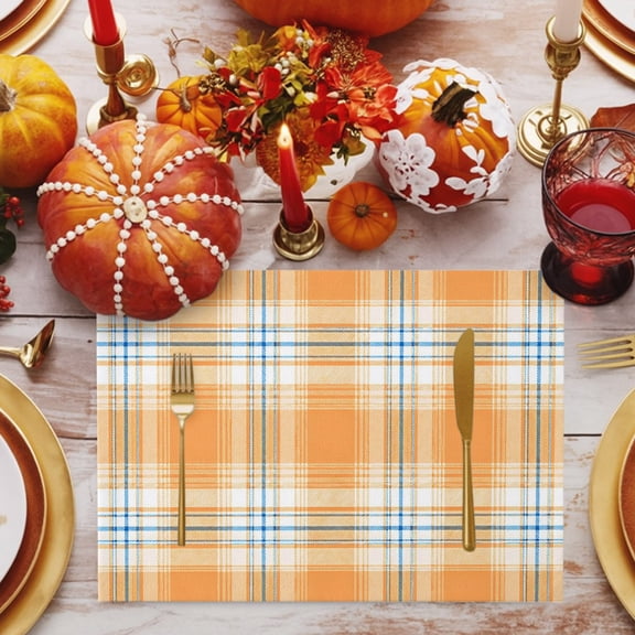 Orange Grid Placemats Set of 12, Minimalist Fall Orange Blue Lines Plaid Modern Country Non-Slip Place Mats Washable Table Mats for Kitchen Dining Table Decorations Indoor/Outdoor