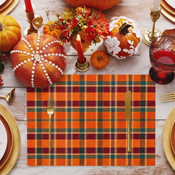 Orange Grid Placemats Set of 12, Minimalist Fall Orange Green Brown Plaid Stripes Country Non-Slip Place Mats Washable Table Mats for Kitchen Dining Table Decorations Indoor/Outdoor