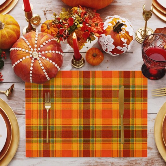 Orange Grid Placemats Set of 12, Minimalist Fall Orange Green Plaid Stripes Modern Country Non-Slip Place Mats Washable Table Mats for Kitchen Dining Table Decorations Indoor/Outdoor