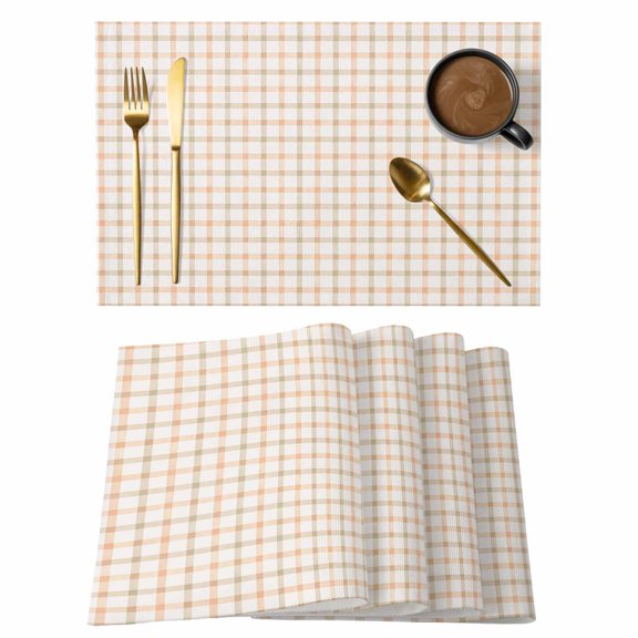 Orange Grid Placemats Set of 12, Pale-Orange Checkered Lines Classic Plaid Stripes Country Non-Slip Place Mats Washable Table Mats for Kitchen Dining Table Decorations Indoor/Outdoor