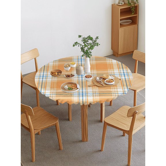 Orange Grid Round Fitted Tablecloth with Elastic Edge, Minimalist Fall Orange Blue Lines Plaid Modern Country Waterproof Stretch Table Covers for 36"-44" Tables Wipeable Table Cloth for Outdoor
