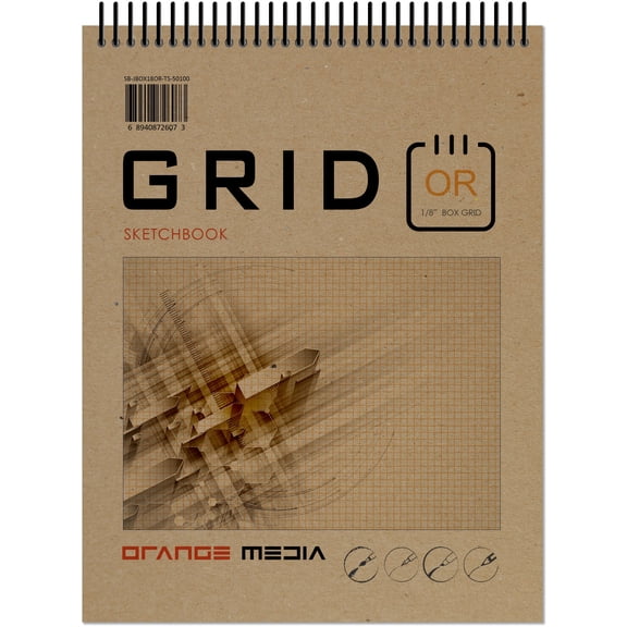 Orange Grid Sketchbook. Spiral Bound. Top Spine. Multi-Media Paper. 1/8" Box Grid. (8.5" x 11") SB-50100-TS (1 Book)