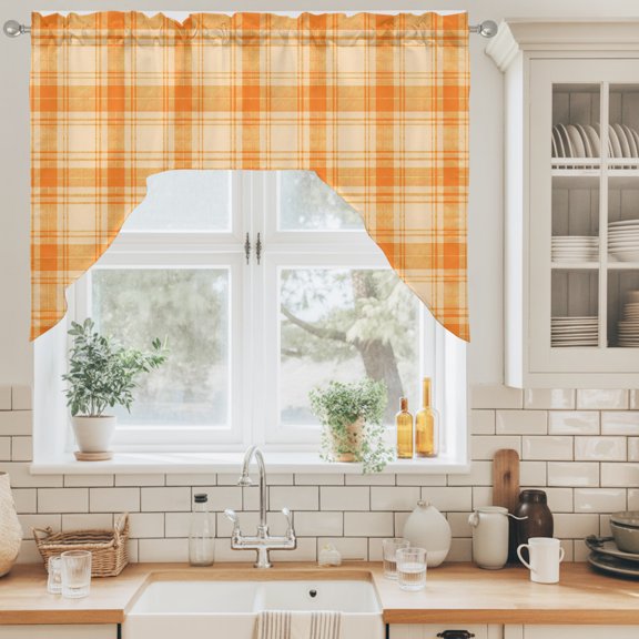 Orange Grid Swag Valance for Windows, Fall Minimalist Orange Lines Plaid Modern Countryside Swag Curtains Valances for Small Window Treatment Rod Pocket for Kitchen Bathroom 1 Panel 56x36in
