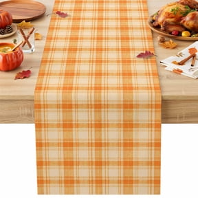 Orange Grid Table Runner 13x36 Inch Fall Minimalist Orange Lines Plaid Modern Countryside Cotton Linen Dining Table Runner Ideal for Dresser Kitchen Coffee Tables - Machine Washable