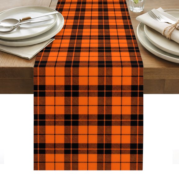 Orange Grid Table Runner, Fall Minimalist Black Orange Plaid Stripes Country Washable Kitchen Table Runners Dress Scarves for Dining Table Decorations Party/Restaurant/Indoor Outdoor Use, 13x48in