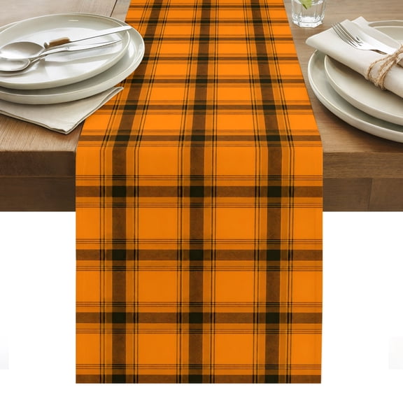 Orange Grid Table Runner, Fall Minimalist Orange Black Plaid Stripes Modern Country Washable Kitchen Table Runners for Dining Table Decorations Party/Restaurant/Indoor Outdoor Use, 13x48in
