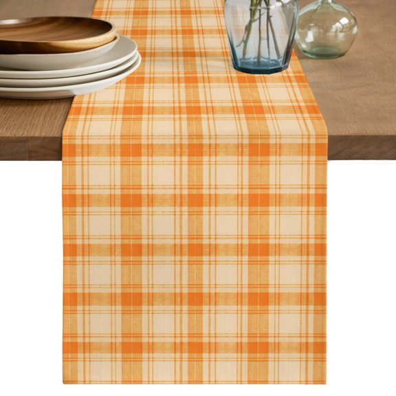 Orange Grid Table Runner, Fall Minimalist Orange Lines Plaid Modern Countryside Cotton Linen Table Cloth, Tablerunner for Kitchen Dining Party Wedding Home Decor 13x36 Inch