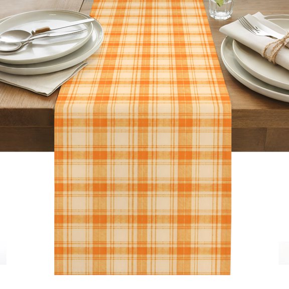 Orange Grid Table Runner, Fall Minimalist Orange Lines Plaid Modern Countryside Washable Kitchen Table Runners Dress Scarves for Dining Table Decorations Party/Restaurant/Indoor Outdoor Use, 13x36in