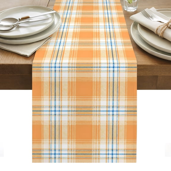 Orange Grid Table Runner, Minimalist Fall Orange Blue Lines Plaid Modern Country Washable Kitchen Table Runners Dress Scarves for Dining Table Decorations Party/Restaurant/Indoor Outdoor Use, 13x36in