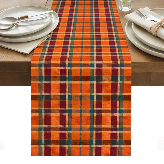 Orange Grid Table Runner, Minimalist Fall Orange Green Brown Plaid Stripes Country Washable Kitchen Table Runners for Dining Table Decorations Party/Restaurant/Indoor Outdoor Use, 13x36in