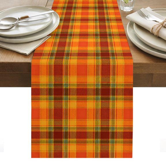Orange Grid Table Runner, Minimalist Fall Orange Green Plaid Stripes Modern Country Washable Kitchen Table Runners for Dining Table Decorations Party/Restaurant/Indoor Outdoor Use, 13x36in