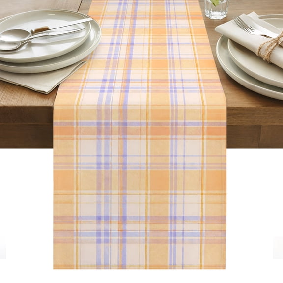 Orange Grid Table Runner, Minimalist Orange Purple Lines Plaid Modern Country Washable Kitchen Table Runners Dress Scarves for Dining Table Decorations Party/Restaurant/Indoor Outdoor Use, 13x48in