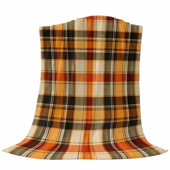 Orange Grid Throw Flannel Blanket Fall Minimalist Orange Gray Plaid Stripes Modern Country Super Soft Cozy Bed Blanket, Lightweight Plush Fuzzy Bed Throw for Bedroom Sofa Couch Living Room 30x40in
