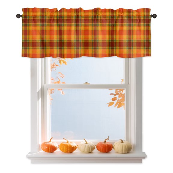 Orange Grid Valances for Windows, Minimalist Fall Orange Green Plaid Stripes Modern Country Rod Pocket Valance Short Window Treatments Curtains for Kitchen Bathroom Bedroom Decor, 54 x 18 Inches