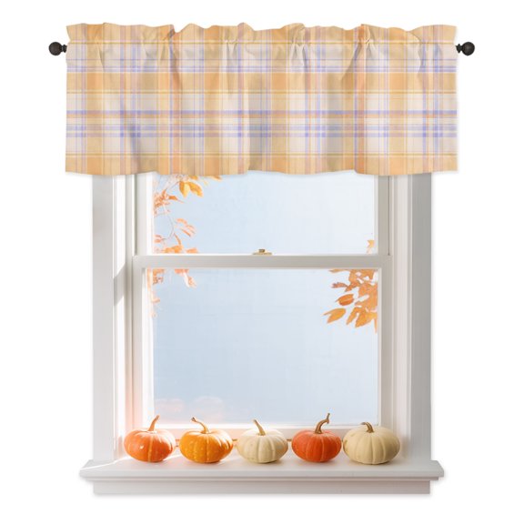 Orange Grid Valances for Windows, Minimalist Orange Purple Lines Plaid Modern Country Rod Pocket Valance Short Window Treatments Curtains for Kitchen Bathroom Bedroom Decor, 54 x 18 Inches