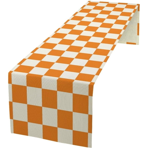 Orange Grids Checkered Table Runner Abstract Modern Geometric Plaid Pattern Cloth Decoration Dresser Garden Farmhouse Wedding Party Vacation Dinner Home 13x36in