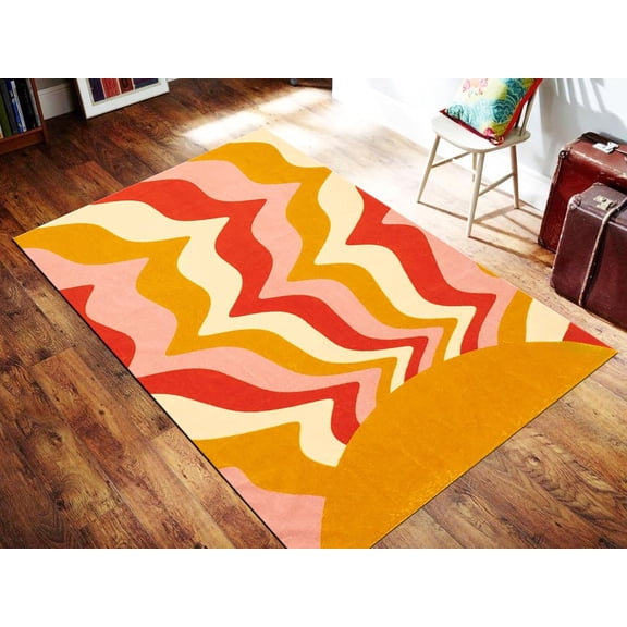 Orange Groovy Rugs for Bedroom,Retro 70S Wavy Trippy Non-Slip Stain Resistant Bordered Rug, Carpet for Living Room, Front Porch, Kitchen, Children's Room,Entryway 2x3ft