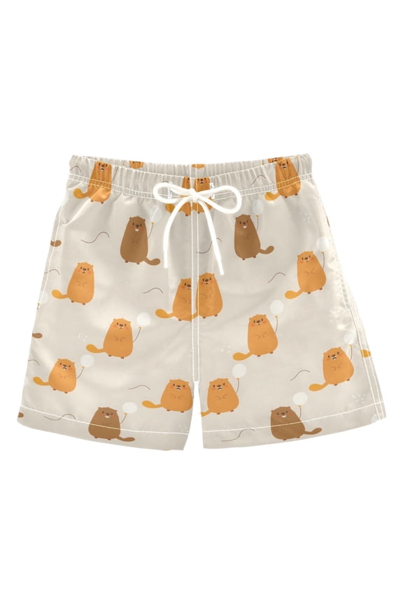 Orange Groundhog Pattern Swim Trunks Quick Dry Beach Pool Board Shorts Lightweight Stylish Print Sizes 2T to XL