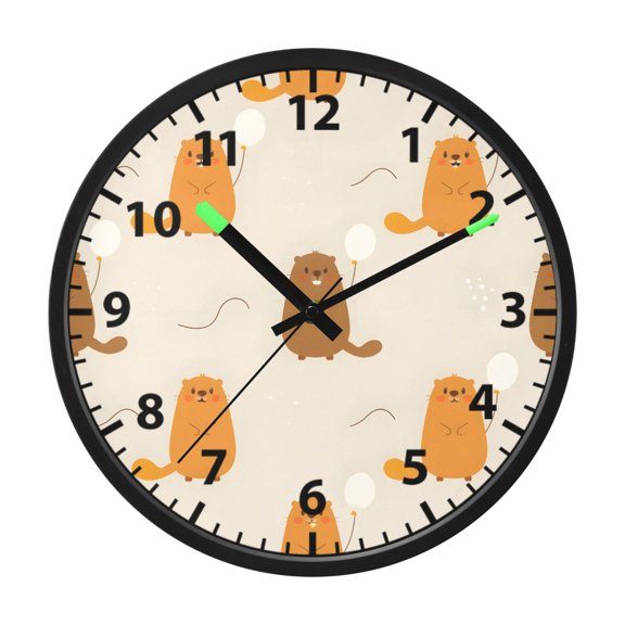 Orange Groundhog Pattern Wall Clock 12 Inch Voice Activated Night Light Silent Non Ticking