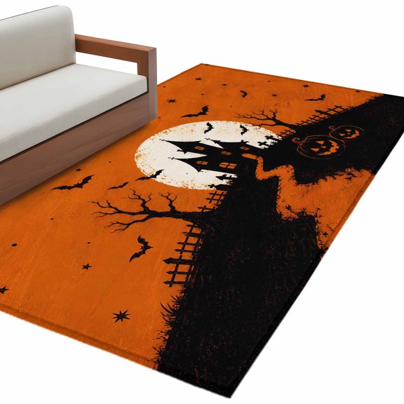 Orange Halloween Area Rug 4x6 Washable Rug Non Slip Dead Trees Pumpkins Castle Large Area Rug Indoor Floor Carpet for Entryway Bedroom Kitchen Living Room Home Office Dining Room Nursery