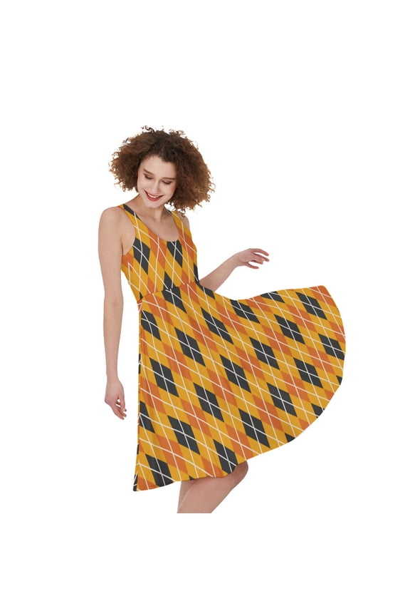 Orange Halloween Argyle Pattern Print Sleeveless Knee Length Dress, Halloween Decorative Fashion Summer Maxi Dress For Women