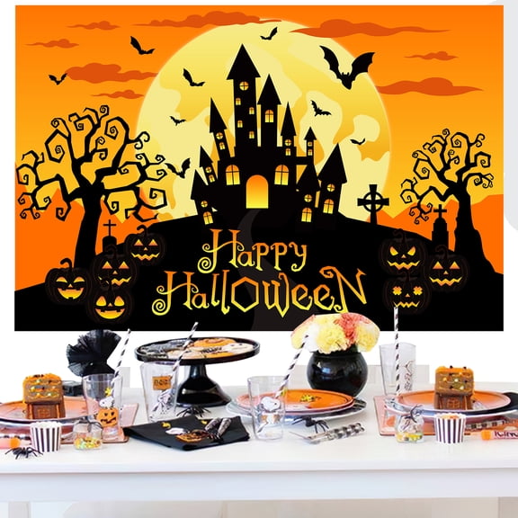 Orange Halloween Backdrop 5 x 3 ft Polyester Background Fabric with Grommets and 19.7 ft White Ribbon Haunted Castle Moon Pumpkin Party Photo Booth Wall Decoration Indoor Outdoor Celebration Supplies